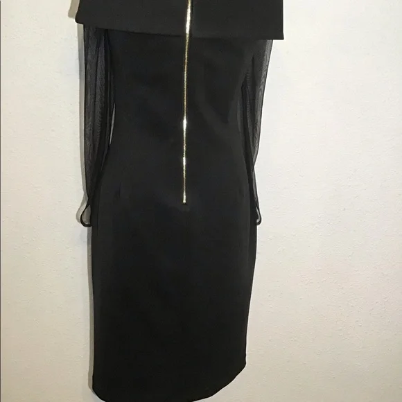Calvin Klein black off shoulder fold over sheer sleeve sheath dress - Picture 4 of 8